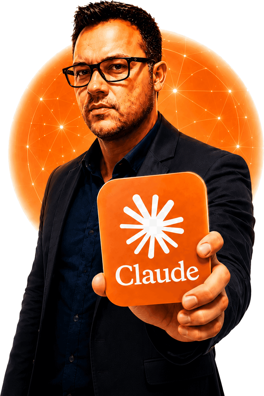 Instrutor do curso segurando uma placa com o logo do Claude
